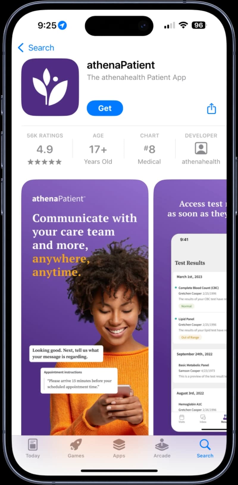 The athenaPatient mobile app shown on a phone, with the App Store listing and a sample in-app message and test results view